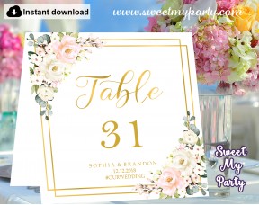 Blush table numbers folded,Floral table numbers template printable, (130) 